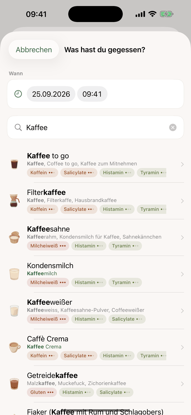 Erfassen: Suche nach Kaffee mit Treffern aus dem Katalog