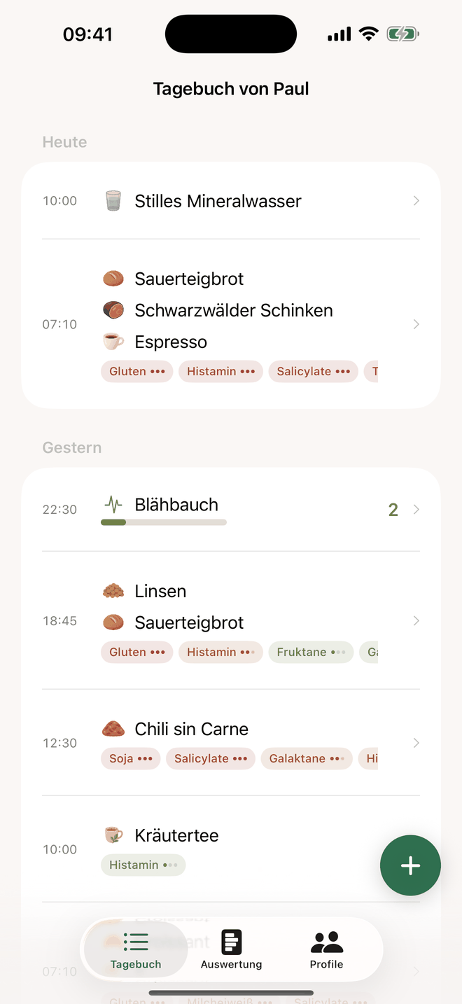 Tagebuch: Mahlzeiten und Symptome eines Tages mit den Stoffen darunter