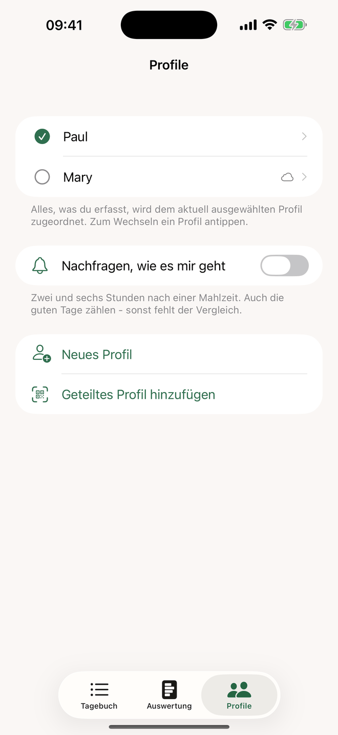 Profile: ein Tagebuch je Person, geteilte Profile mit Wolkensymbol