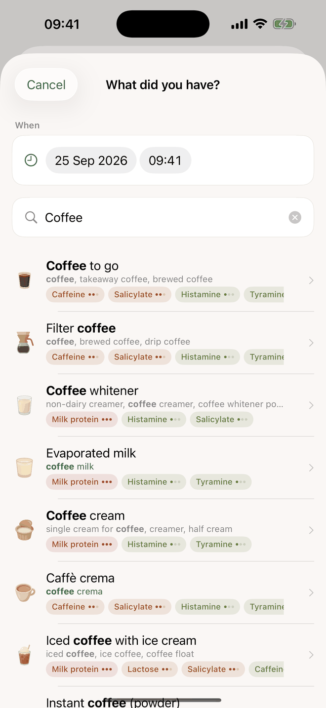 Adding: a search for coffee with matches from the catalogue