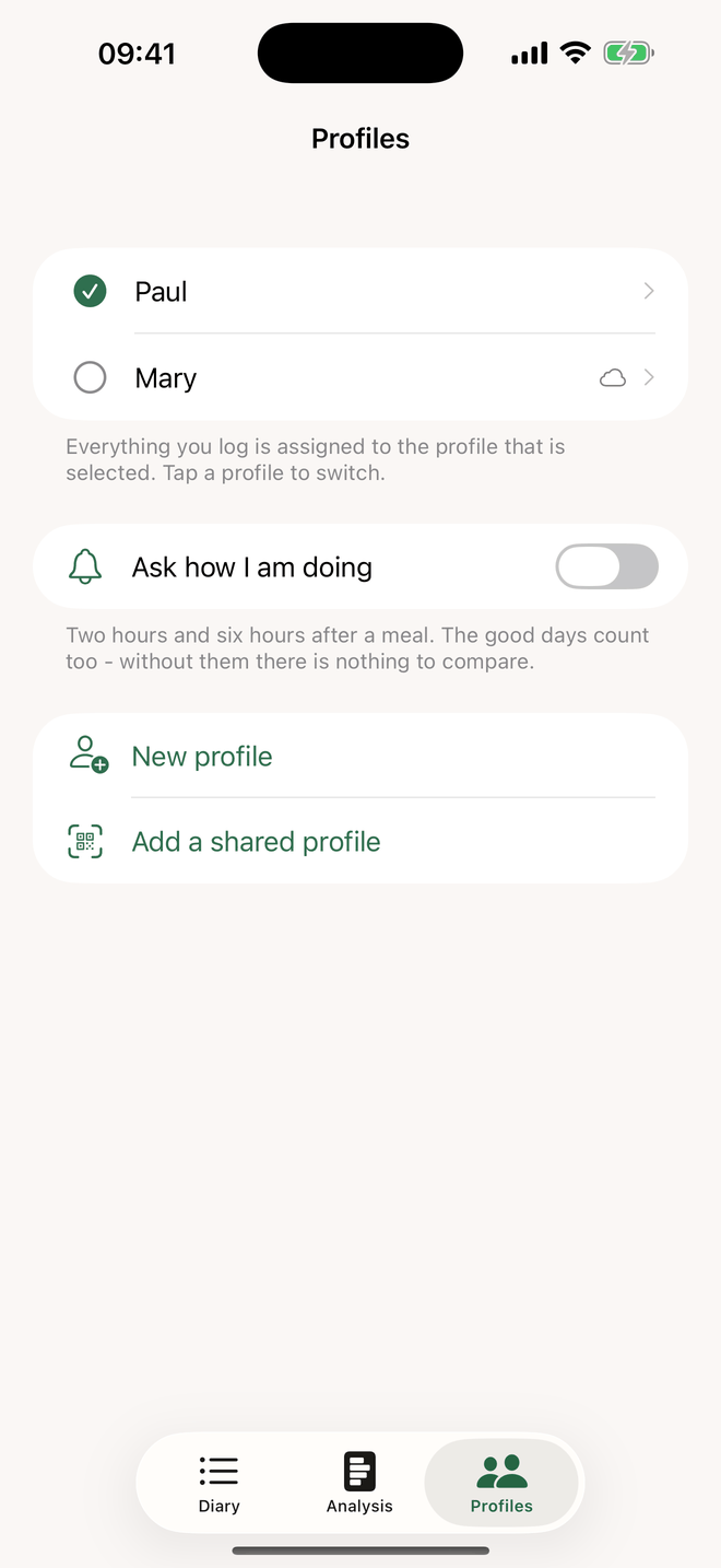 Profiles: one diary per person, shared profiles with a cloud symbol