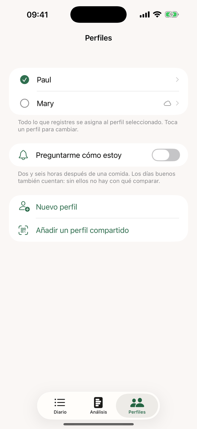 Perfiles: un diario por persona, perfiles compartidos con icono de nube