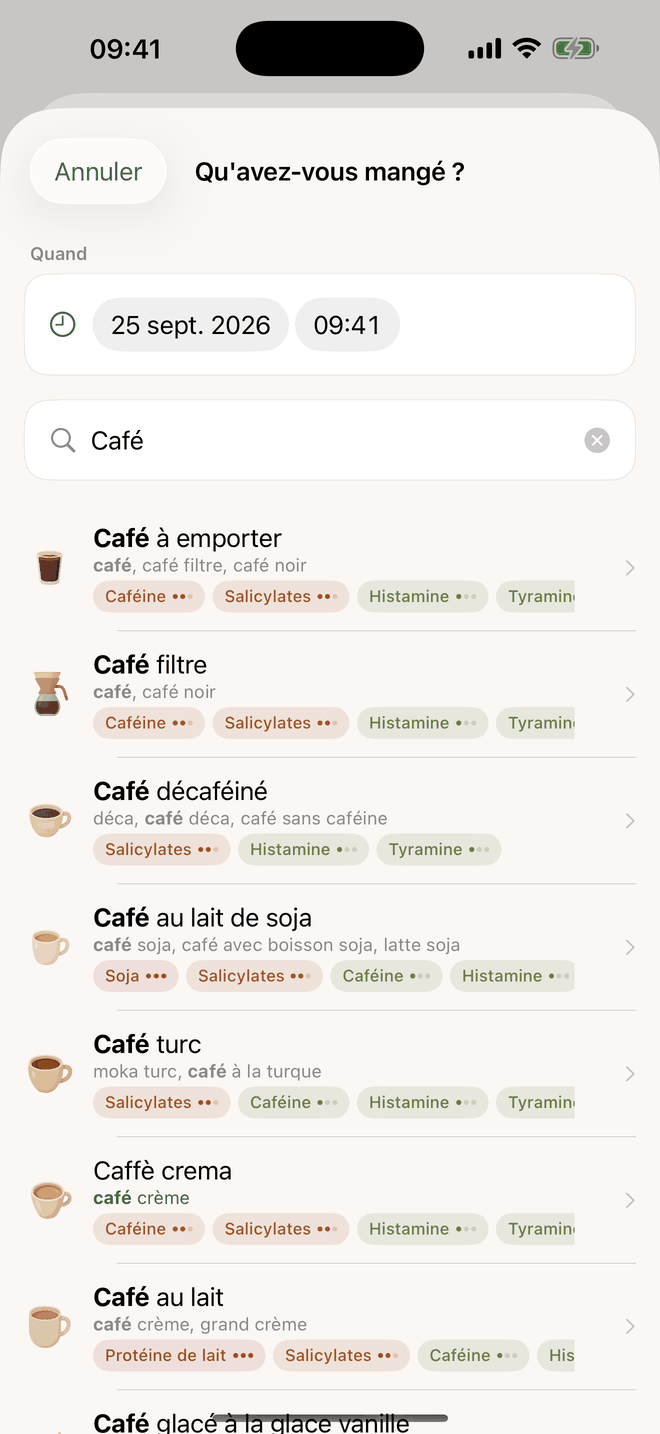 Saisie : recherche de café avec des résultats du catalogue