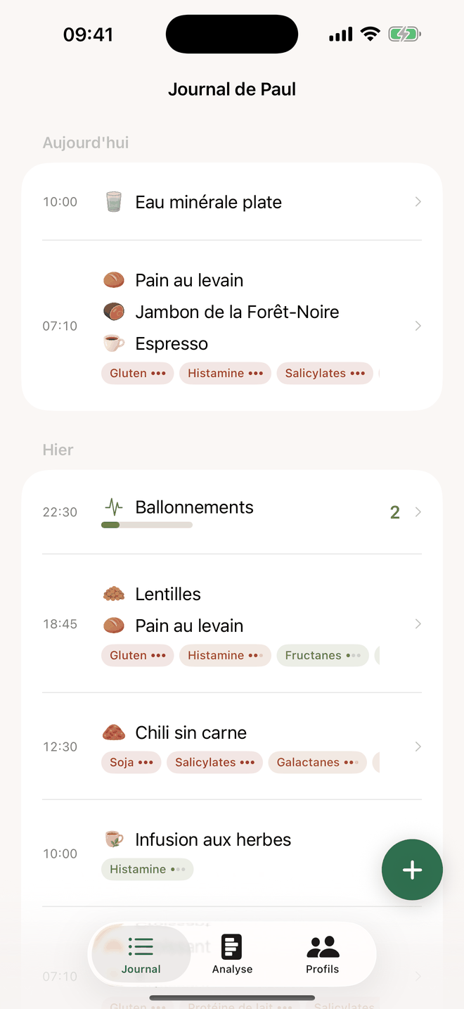 Journal : repas et symptômes d'une journée avec les substances en dessous