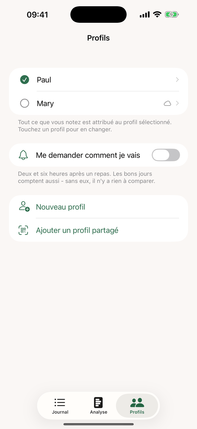 Profils : un journal par personne, profils partagés avec une icône de nuage