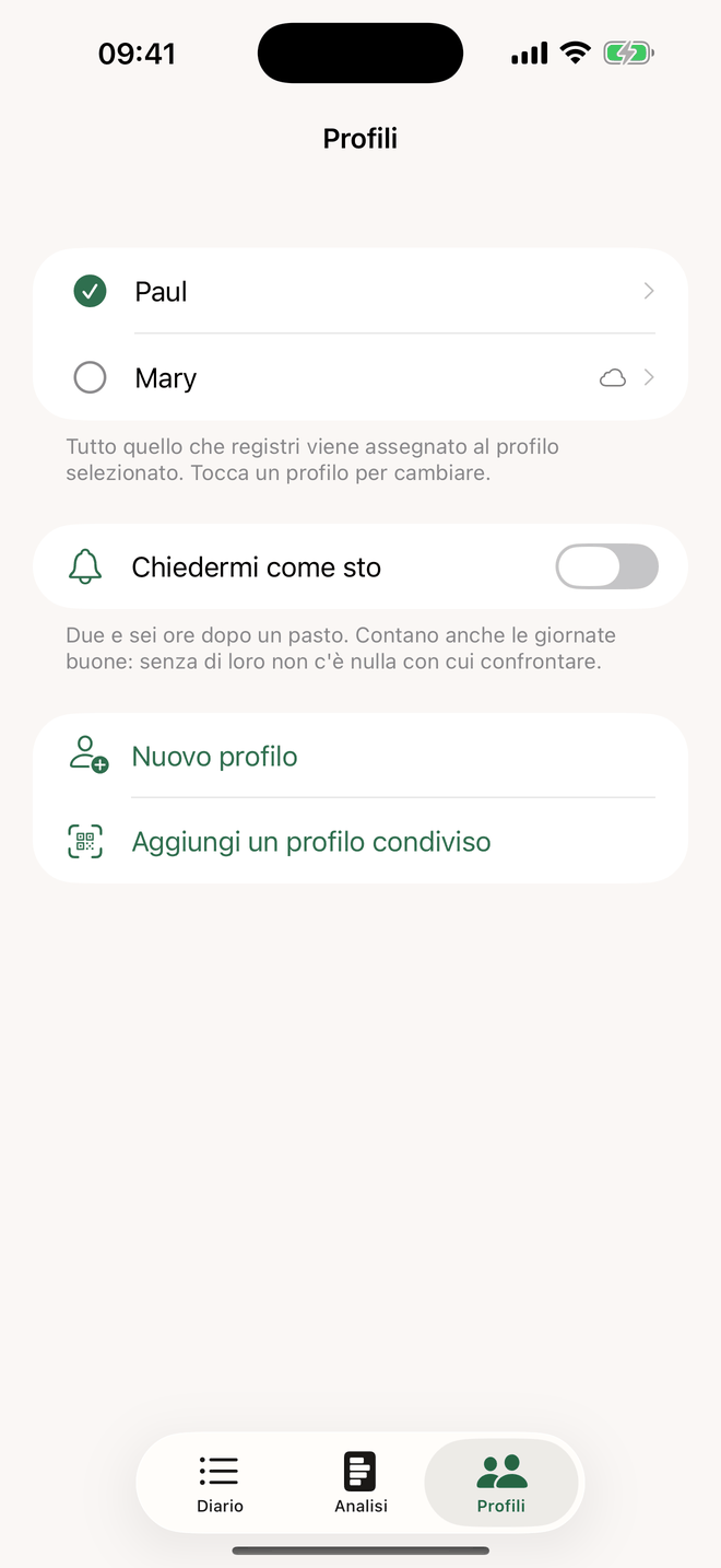 Profili: un diario a persona, profili condivisi con l'icona della nuvola
