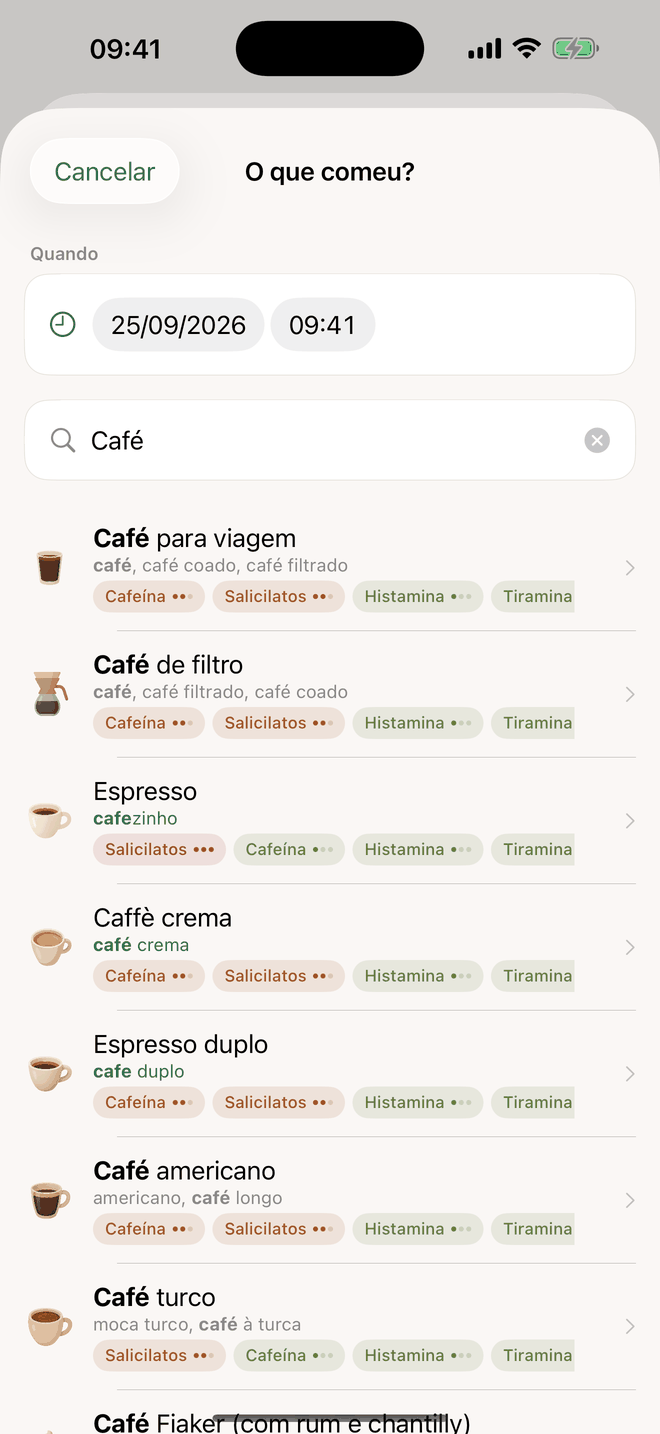 Registo: pesquisa de café com resultados do catálogo